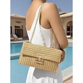 Sac à bandoulière en paille tressée pour femme avec bandoulière en chaîne dorée – élégant sac à main d'été pour la plage, les vacances et les tenues de villégi