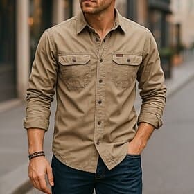 Men's Casual Shirt Work Shirt Button Up Shirt Dark Navy khaki Light Grey Army Green Long Sleeve Solid / Plain Color Lapel Vacation Holiday Button-Down Clothing