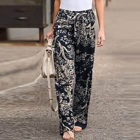 Femmes Slacks Pantalon d'été Mode Streetwear Longueur complète Naturel Fleur Impression Confortable Extérieur Tenue quotidienne Week-end Rouge foncé Jaune marr