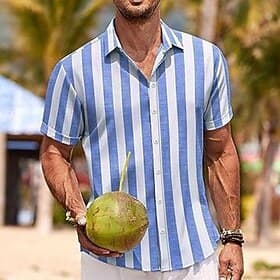 Men's Shirt Linen Shirt Summer Shirt Beach Shirt Summer Hawaiian Shirt Solid Color Vacation Street Blue Gray Short Sleeve Fold-over Collar Spring  Summer Cloth