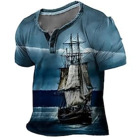 voilier t-shirt homme graphique 3d pour les vacances Bleu été coton créateur de mode confortable impression henley t-shirt en plein air décontracté quotidien