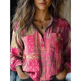 Women's Shirt Boho Shirt Pocket Buttons Print Floral Paisley Stylish Modern Long Sleeve Shirt Collar Regular Tops Daily Holiday Yellow Wine Red Navy Blue Fuchs