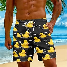 Herren Kleine gelbe Ente Lustig Badehosen Badeshorts Boardshorts Mittlere Taille Streetwear Hawaiianisch Strandurlaub Seitentaschen Netzfutter Elastischer Kord