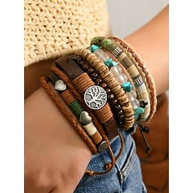 Boho leren en kralen armbandset voor mannen en vrouwen – verstelbare vriendschap, levensboombedel – vintage handgemaakte tribale accessoires voor casual kledin