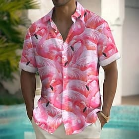 Homme Flamant rose Oiseau Chemise Chemise hawaïenne Chemise Boutonnée Manche Courte Hawaïen Vacances Fête Tenue de plage Été Printemps Col Rabattu Impression 3