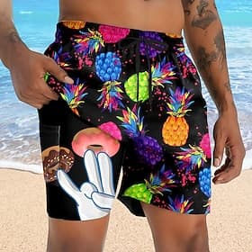 Men's Pineapple Funny Donuts Lined Shorts 2 in 1 Board Shorts Swim Shorts Mid Waist Hawaiian Vacation Holiday Beach Wear Side Pockets With Compression Liner El