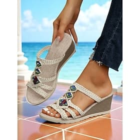 Women's Woven Wedge Slide Sandals with Multicolor Beads – Boho Chic Beach and Resort Shoes for Vacation or Everyday Comfort