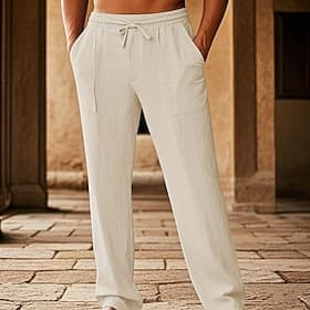 Men's Cotton Pants Drawstring Pocket Elastic Waist Plain Comfort Breathable Vacation Hawaiian Boho Black White