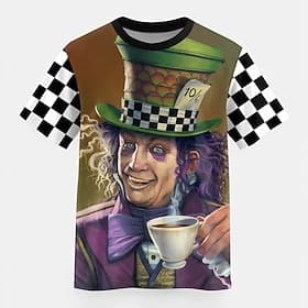 Mad Hatter Alice in Wonderland Men's Graphic T-Shirt - Checkered Short Sleeve Tee with 10/6 Print