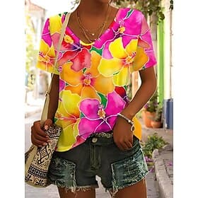 Women's T Shirt Print Floral Graphic Plants Vintage Tropical Hawaiian Short Sleeve V Neck Regular Tops Daily Blue Pink Royal Blue Green Summer Spring