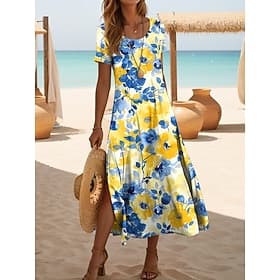 Women's Midi Dress Sundress A Line Dress Vacation Casual Beach Daily Going out Regular Fit Floral Graphic Short Sleeve Crewneck Blue Yellow Pink Purple Summer