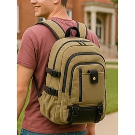 Zaino da uomo in tela di grande capacità – zaino da viaggio in stile vintage con più tasche e cinturini con fibbia per la scuola, il lavoro o le avventure all'
