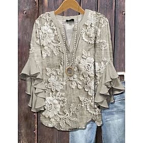 Women's Retro Blouse Layered Ruffle Sleeve Tops 3D Print Vintage Floral Graphic Daily Stylish Casual 3/4 Length Sleeve Regular Tops Daily Holiday Vacation Wear