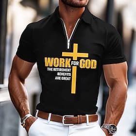 Men's Black Short Sleeve Graphic Polo Shirt 'Work For God The Retirement Benefits Are Great' Christian Funny Work Humor
