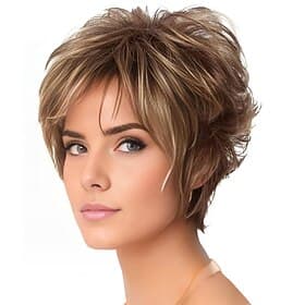 Kurze blonde braune Pixie-Perücken mit Pony für weiße Frauen, realistische Perücke, synthetische hitzebeständige Perücken, Perücke für den täglichen Gebrauch