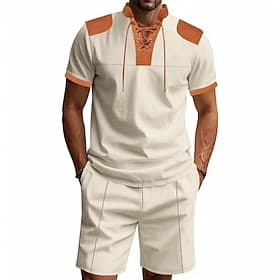 Men's T-shirt Suits 2 Pieces Outfits Tee  Shorts Short Sleeve Standing Collar Summer Color Block Fashion Casual Lace up 2 Piece Vacation Daily Wear Going out B
