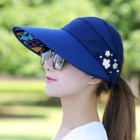 Summer Foldable Sunscreen Hat Wide Brim Women Solid Color Beads Flower Decor Sun Hat Visors Outdoor Sports Cap