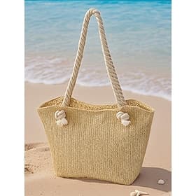 Damen-Strandtasche aus Stroh mit Seilgriffen – große Sommerhandtasche für Urlaub, Pool, Reisen und Freizeitoutfits Khaki Beige