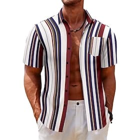 Men's Shirt Summer Shirt Casual Shirt Beach Shirt Button Up Shirt White Short Sleeve Stripes Lapel Vacation Hawaiian Clothing Apparel Polyester Fashion Casual