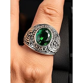Bague militaire vintage pour homme avec pierre précieuse vert émeraude – Bague de déclaration de style militaire en argent antique pour vétérans et collectionn thumbnail 2