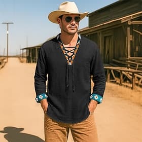 Herren Hemd Leinenhemd Wikinger-Stil Sommerhemd Strandhemd Westernhemd Einfarbig Urlaub Lässig Schwarz Weiß Grün Langarm V Ausschnitt Bekleidung Kordelzug