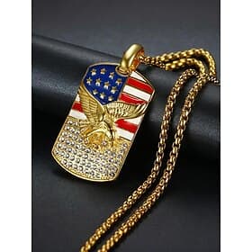 United States 250th Anniversary Men's American Flag Eagle Pendant Necklace – Gold Stainless Steel Patriotic Jewelry with Rhinestones for Independence Day, Vete