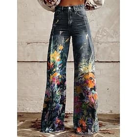 Retro Vintage Boho 1970s Pants Wide Legged Pants Hippie Disco High Waist Oil Print Faux Jeans Style Fancy Dress Women's Carnival Casual Daily Music Festival Re