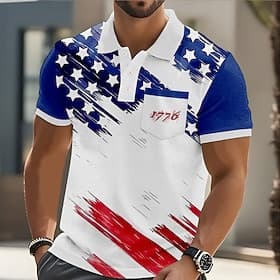 4th of July 2026 250th Men's American US Flag Polo Short Sleeve Polo Shirts Collared Shirts Casual Outdoor Athleisure Daily Wear 3D Print Buttons Summer Blue