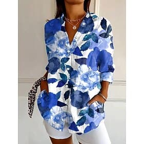 Women's Shirt Linen Like Breathable Lightweight Button Down Tunic Shirt Collar Long Sleeve Floral Graphic Leaf Vintage Tropical Daily Regular Tops Work Daily H