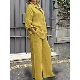 Ensemble deux pièces femme en mélange de coton, chemise à manches longues, col, couleur unie, basique, décontracté, pour le quotidien, noir, blanc, jaune, été,