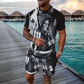 Men's Skull 2pcs Tees sets Short Sleeve Short Pants Crew Neck Dark Street Sport Daily 3D Print Summer Grey