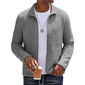 Men's Lightweight Jacket Waffle Jacket Casual Jacket Vacation Daily Warm Pocket Fall  Winter Plain Fashion Classic Stand Collar Regular Black White Wine Khaki