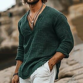 Per uomo Camicia Camicia di lino Camicia popover Camicia Estiva Abbigliamento da spiaggia Linea Vacanza Streetwear Marrone Verde Manica Lunga Scollo a V Estate