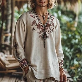 Hombre Camisa Camisa de lino Camisa de manga corta Camisa de verano camisas retras Camisa étnica Geométrico Vacaciones Calle Caqui Manga Larga Escote en Pico V