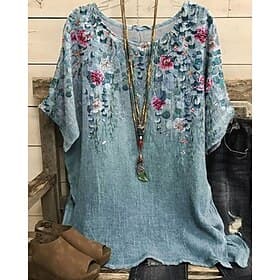 Women's Shirt T Shirt Tee Top Print Flowers Elegant Fashion Modern Short Sleeve Crew Neck Regular Tops Daily Weekend Red Orange Green Light Blue Summer