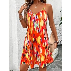 Women's Mini Dress A Line Dress Summer Dress Slip Dress Vacation Casual Regular Fit Graphic Color Block Abstract Sleeveless V Neck Blue Orange Summer Spring