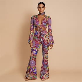 Retro Vintage 1970s Groovy Tie Front Flared Pants Set Hippie Disco Paisley Tribal Fancy Dress Women's Halloween Carnival Vacation Music Festival Festival Adult
