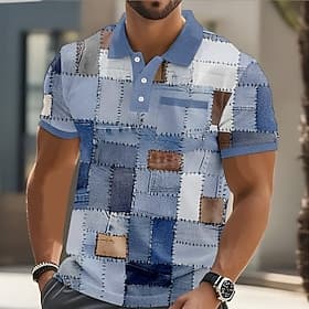 Herren Patchwork Polo Kurzarm Polo-Shirts Hemden mit Kragen Lässig Outdoor Athleisure Alltagskleidung Tasche 3D-Druck Knöpfe Sommer Blau