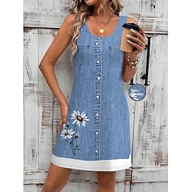 Women's Mini Dress Sundress A Line Dress Summer Dress Vacation Casual Daily Regular Fit Floral Graphic Sleeveless U Neck Navy Blue Blue Summer