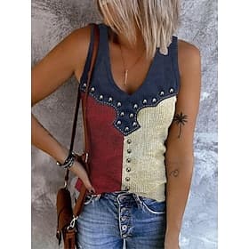 Onafhankelijkheidsdag Patriottische Dames Tanktop Vlag Rock Strand Mouwloos Mouwloos V-hals Reguliere Tops Dagelijks Club Uniformen Uitgaan Wijn Blauw Verbleek
