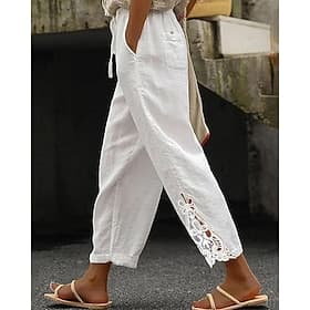 Women's  100% Cotton Summer Pants Cropped Pants Fashion Streetwear Comfort Ankle-Length Mid Waist Plain Lace Comfy Comfortable Street Daily Wear Going out Blac