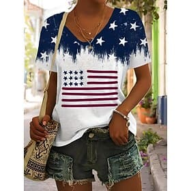 Independence Day Patriotic Women's T Shirt Graphic Flag Vintage Stylish Classic Short Sleeve V Neck Regular Tops Daily Weekend Print Blue Summer Spring