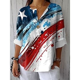 Independence Day Patriotic Women's Blouse Graphic Flag Vintage Stylish Casual 3/4 Length Sleeve V Neck Regular Tops Daily White Red Blue Summer Spring
