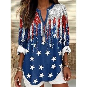 Independence Day Patriotic Women's Blouse Linen Like Breathable Lightweight Tunic V Neck Long Sleeve Boho Casual Graphic Flag Vintage Tropical Regular Tops Dai