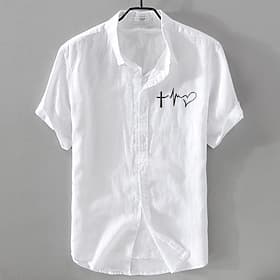 Men's Linen Shirt Casual Shirt Cotton Linen Shirt Button Up Shirt Pattern Vacation Street White Dark Navy Sky Blue Khaki Short Sleeve Lapel Summer Clothing App