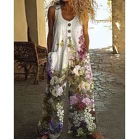 Damen Normal Jumpsuit in Leinenoptik Stilvoll Blumen Ärmellos Weites Bein U-Ausschnitt Tasche Knöpfe Täglich Straße Normale Passform Grün Sommer