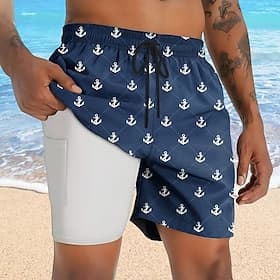 Homens Náutico Âncora Shorts Forrados Shorts de Natação 2 em 1 Shorts de Natação Cintura Média Havaiana Férias Feriado Roupa de Praia Bolsos laterais Com forro