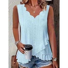 Women's Camisole Tank Top Ruffle Eyelet Plain Daily Casual Sleeveless V Neck Regular Tops Daily White Yellow Pink Green Light Blue Summer