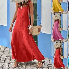 Women's Long Dress Maxi Dress Maxi Dress Linen-feel Dresses Shift Dress Sundress Casual Dress Fashion Outdoor Party Holiday Regular Fit Plain Short Sleeve Spag