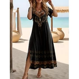 Damen Midikleid Sommerkleid A Linie Kleid Urlaub Lässig Boho Schmetterling Strand Normale Passform Grafik Stammes Kurzarm Rundhalsausschnitt Blau Hellblau Schw